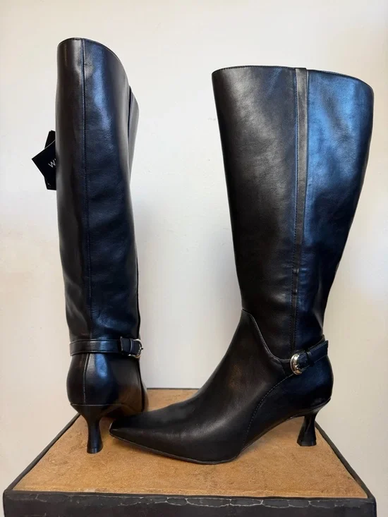 Naturalizer Black Leather Pointed-Toe Knee Boots with Mid Heels - Picture 5 of 13